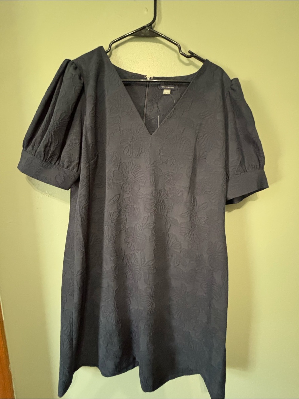 Tommy Hilfiger Textured V-Neck Puff Sleeve Dress - Navy NWT 16